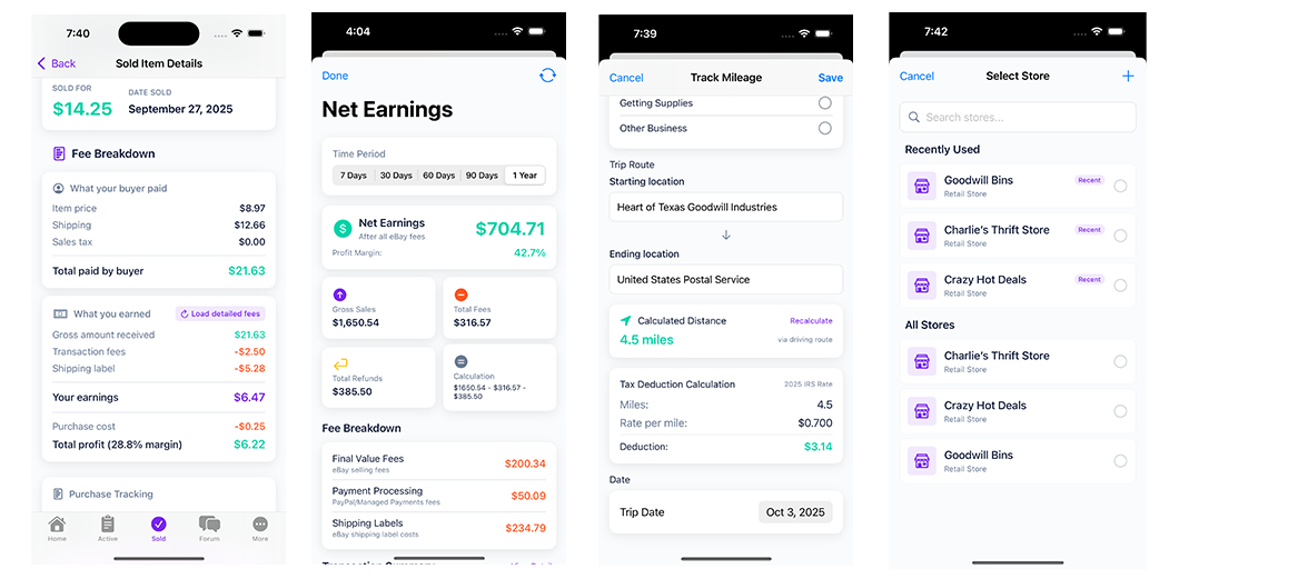 SellerHound iOS App showing sold listings and eBay transaction details